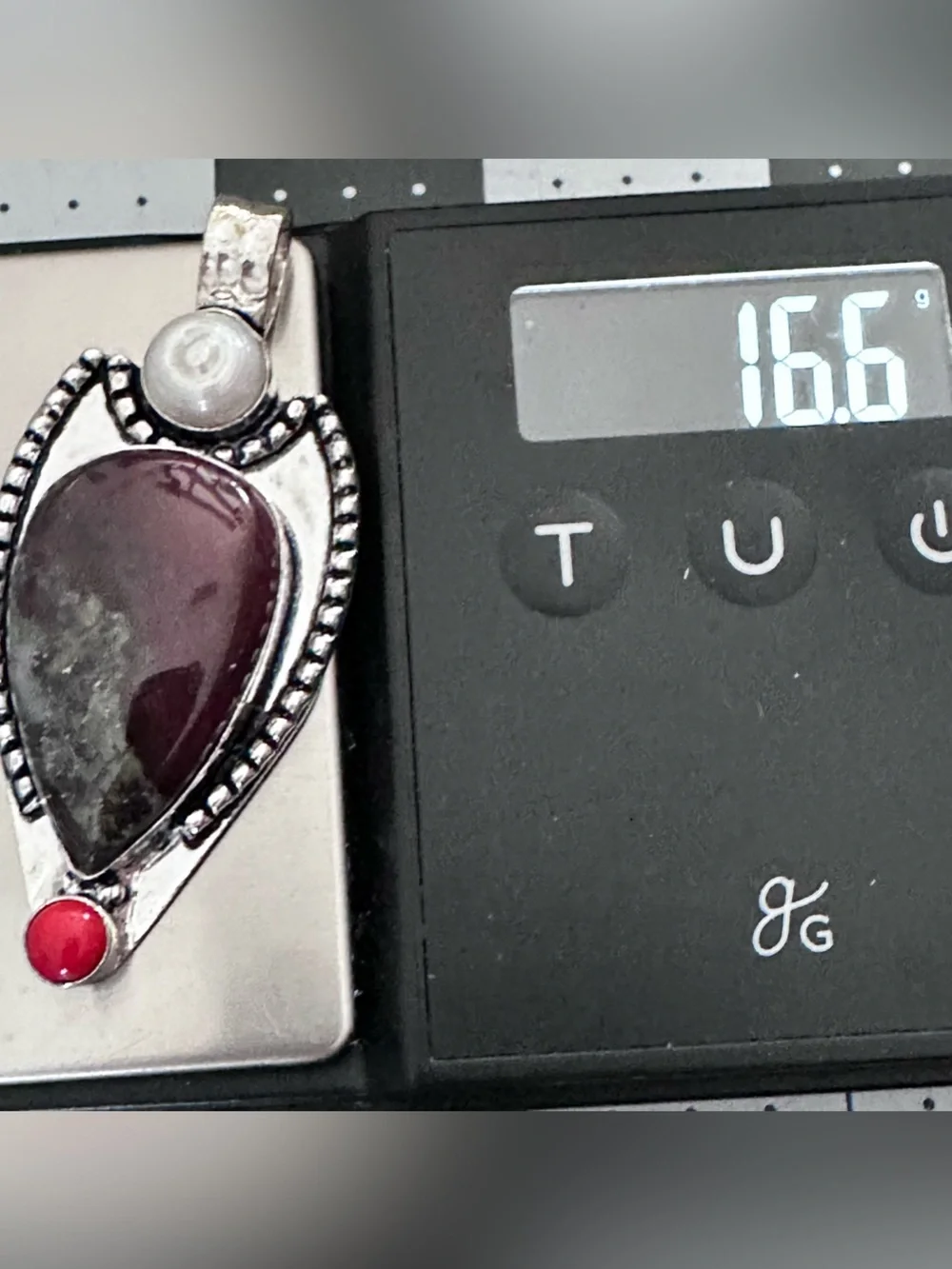 Artisan Silver Dragon Blood Stone  Pendant with Pearl and Coral Accent